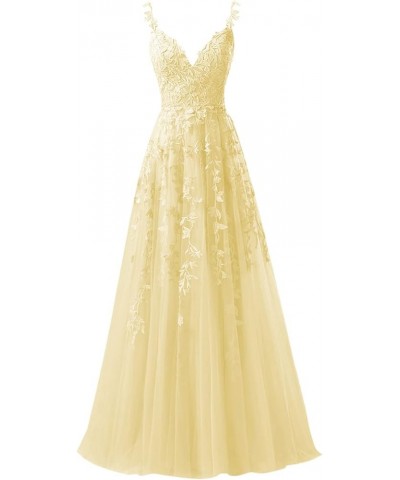 Chic Tulle Appliques Prom Dresses Long Ball Gown V Neck Lace Formal Dress for Women Wedding Gowns Yellow $43.24 Dresses