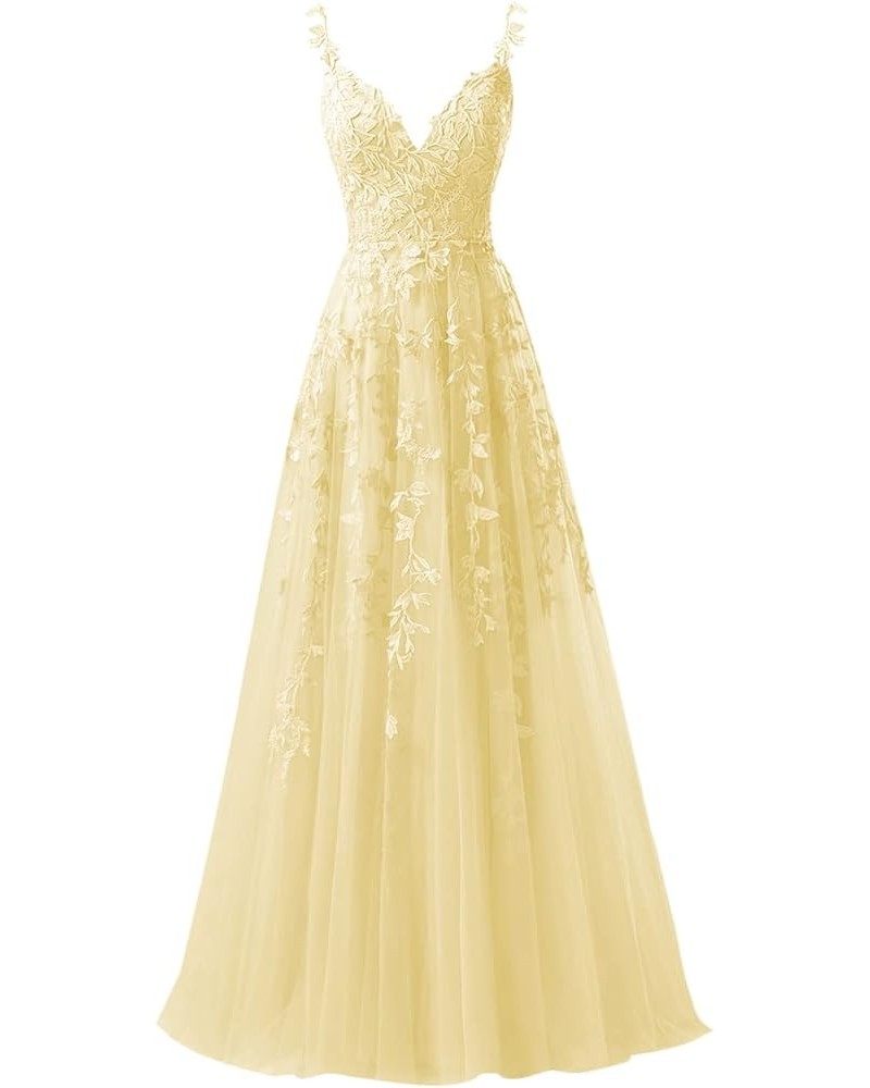 Chic Tulle Appliques Prom Dresses Long Ball Gown V Neck Lace Formal Dress for Women Wedding Gowns Yellow $43.24 Dresses