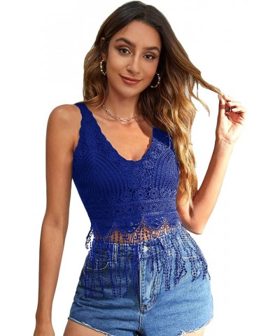 Women's Guipure Lace Fringe Hem V Neck Sleeveless Crop Tank Top Royal Blue $11.25 Tanks