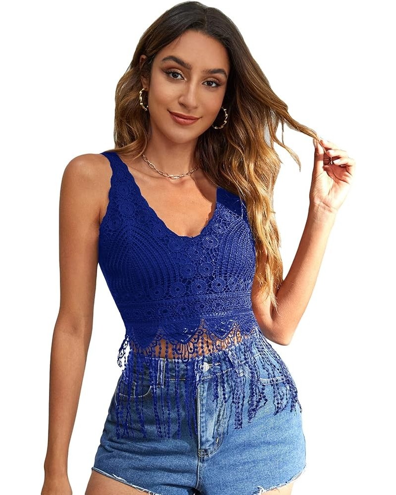 Women's Guipure Lace Fringe Hem V Neck Sleeveless Crop Tank Top Royal Blue $11.25 Tanks