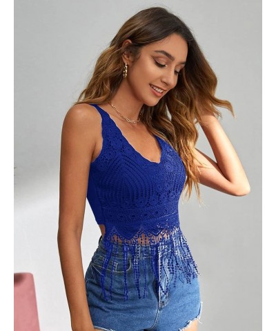 Women's Guipure Lace Fringe Hem V Neck Sleeveless Crop Tank Top Royal Blue $11.25 Tanks