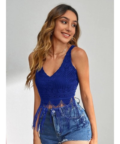 Women's Guipure Lace Fringe Hem V Neck Sleeveless Crop Tank Top Royal Blue $11.25 Tanks