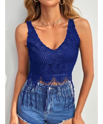 Women's Guipure Lace Fringe Hem V Neck Sleeveless Crop Tank Top Royal Blue $11.25 Tanks