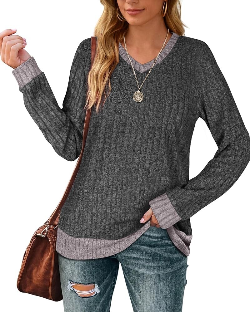 Sweaters for Women Lightweight V Neck Long Sleeve Tunics Soft Fall Clothes Trending Now 2023 A-dark Grey $8.54 Sweaters