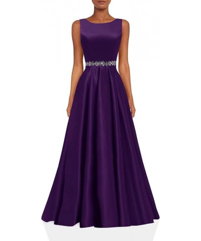 Satin Prom Dresses Long for Women A-Line Beaded Belt Formal Evening Party Ball Gowns with Pockets Plum $37.60 Dresses