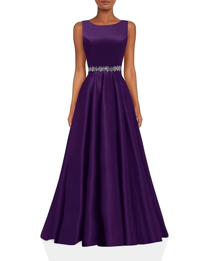 Satin Prom Dresses Long for Women A-Line Beaded Belt Formal Evening Party Ball Gowns with Pockets Plum $37.60 Dresses