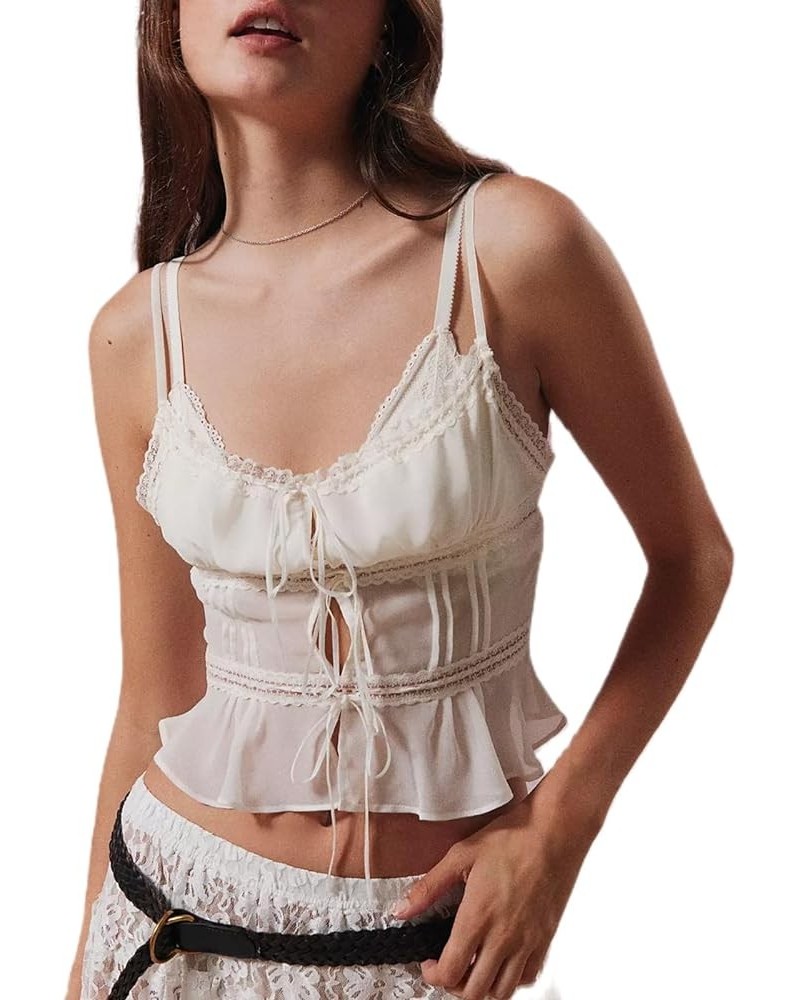 Women Lace Trim Cami Shirt Sexy See Through Sleeveless Spaghetti Strap Camisoles Cute Y2k Going Out Crop Tank Tops Ab Tie Fro...