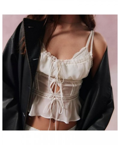 Women Lace Trim Cami Shirt Sexy See Through Sleeveless Spaghetti Strap Camisoles Cute Y2k Going Out Crop Tank Tops Ab Tie Fro...