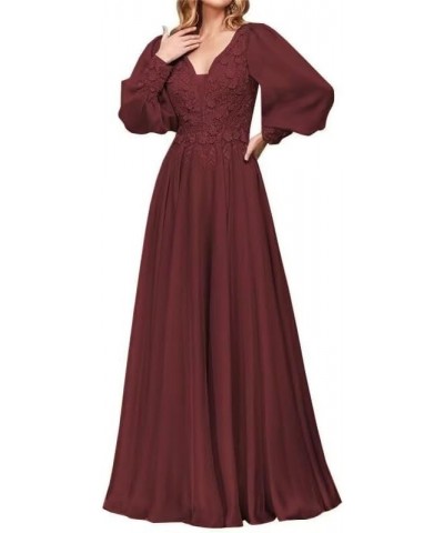 Chiffon Mother of The Bride Dresses Laces Appliques V Neck Long Sleeve Formal Evening Gowns Burgundy $39.21 Dresses