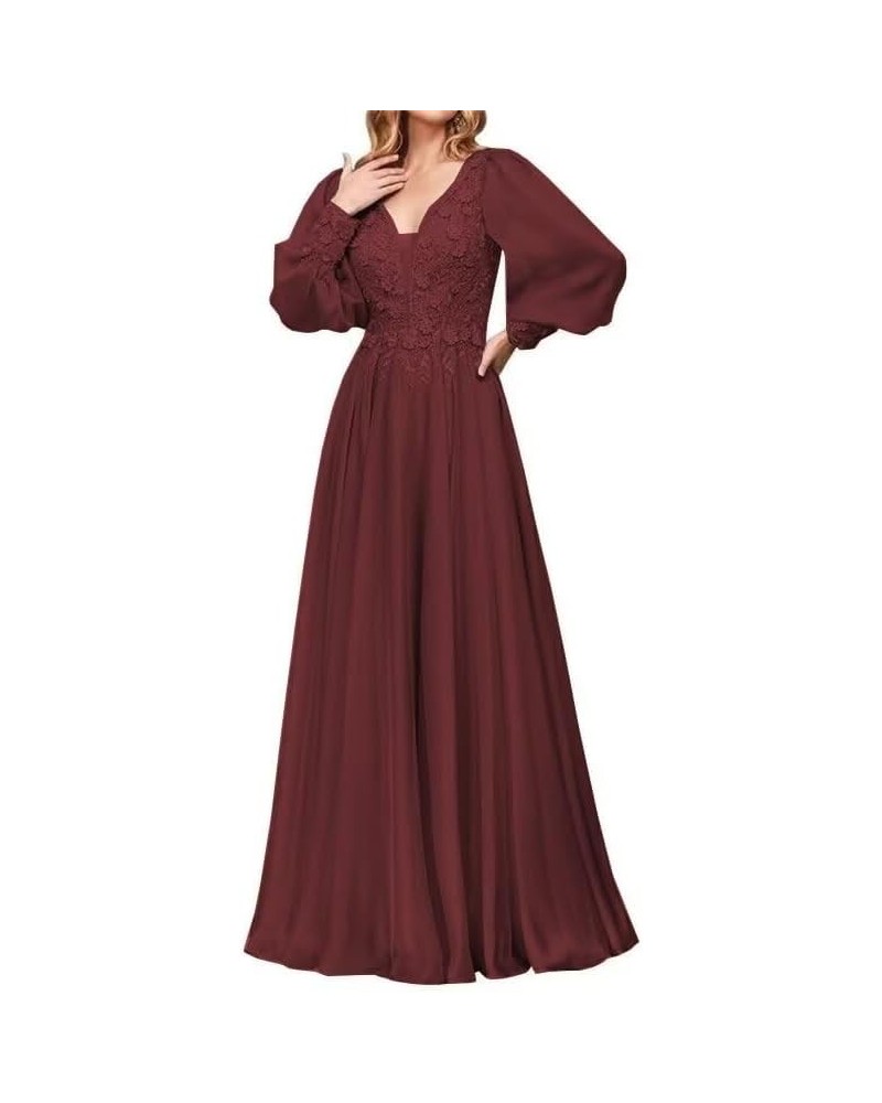 Chiffon Mother of The Bride Dresses Laces Appliques V Neck Long Sleeve Formal Evening Gowns Burgundy $39.21 Dresses