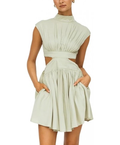 Summer Dresses for Women Stand Collar Sleeveless Dress Defined Waist Hollow Ruffled Midi Dress with Pockets Mini-matcha $17.5...