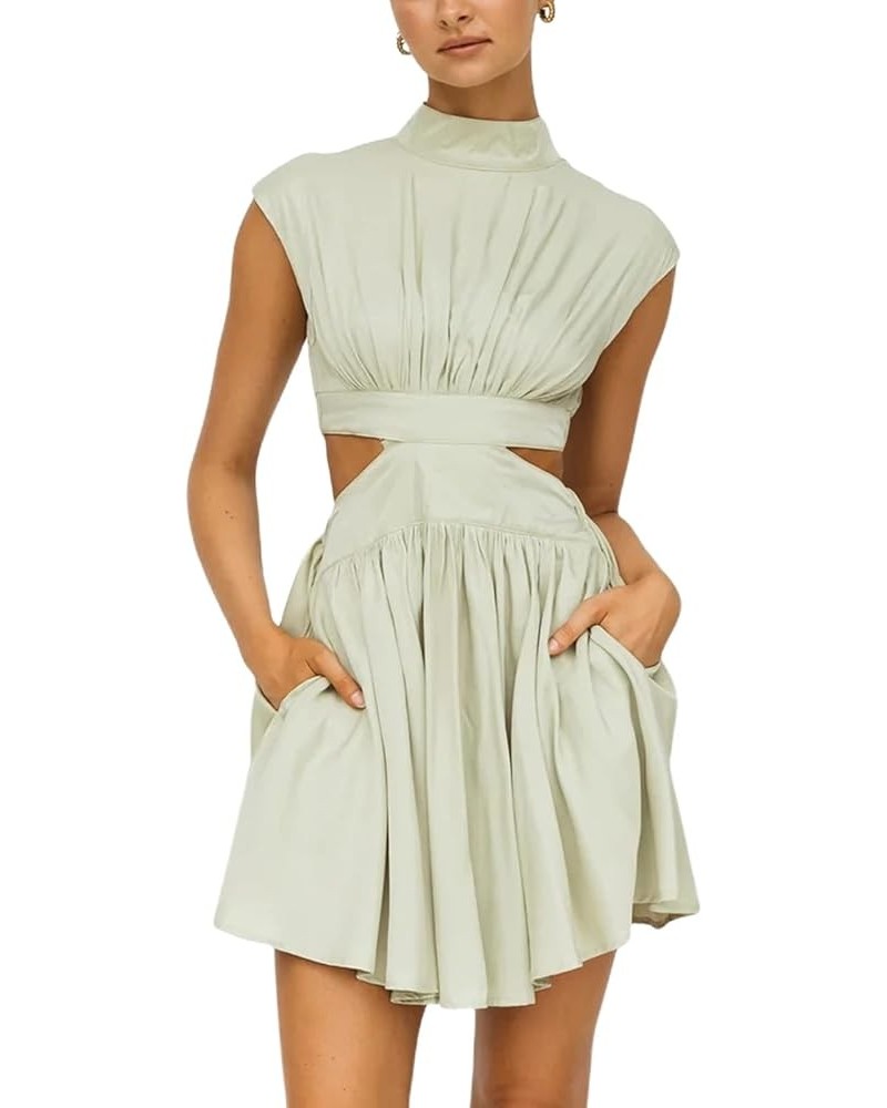 Summer Dresses for Women Stand Collar Sleeveless Dress Defined Waist Hollow Ruffled Midi Dress with Pockets Mini-matcha $17.5...