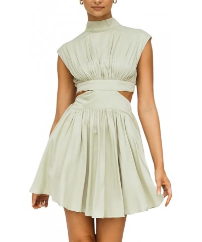 Summer Dresses for Women Stand Collar Sleeveless Dress Defined Waist Hollow Ruffled Midi Dress with Pockets Mini-matcha $17.5...