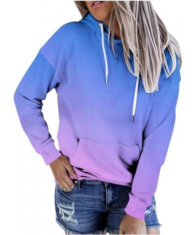 Pullover Hoodies for Women Gradient Color Long Sleeve Loose Hooded Sweatshirt with Kangaroo Pocket Casual Fall Clothes Sky Bl...