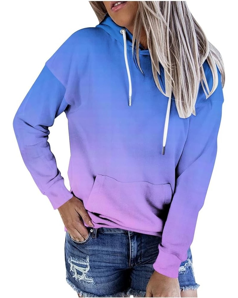 Pullover Hoodies for Women Gradient Color Long Sleeve Loose Hooded Sweatshirt with Kangaroo Pocket Casual Fall Clothes Sky Bl...