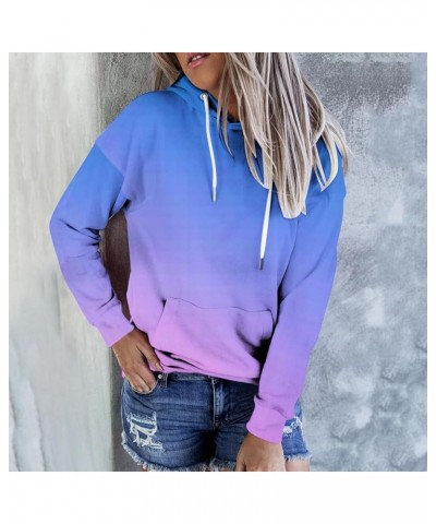 Pullover Hoodies for Women Gradient Color Long Sleeve Loose Hooded Sweatshirt with Kangaroo Pocket Casual Fall Clothes Sky Bl...