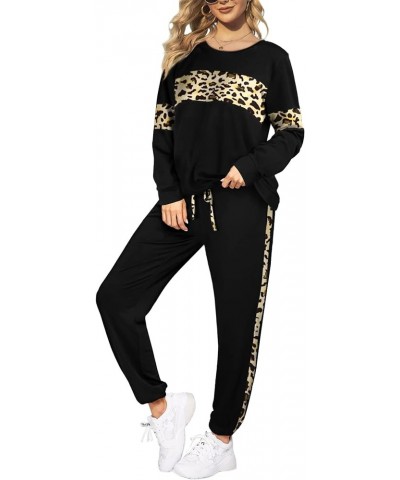 2 Piece Sweatsuits Outfits for Women Crewneck Colorblock Striped Pants Sets with Pockets A-leopard Black $26.45 Activewear