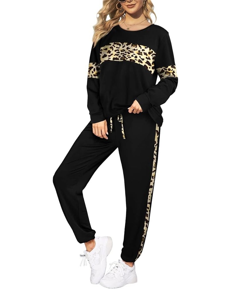 2 Piece Sweatsuits Outfits for Women Crewneck Colorblock Striped Pants Sets with Pockets A-leopard Black $26.45 Activewear