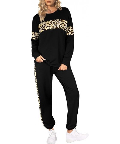 2 Piece Sweatsuits Outfits for Women Crewneck Colorblock Striped Pants Sets with Pockets A-leopard Black $26.45 Activewear