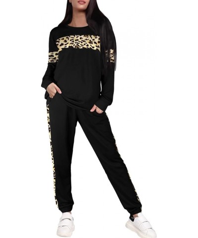 2 Piece Sweatsuits Outfits for Women Crewneck Colorblock Striped Pants Sets with Pockets A-leopard Black $26.45 Activewear