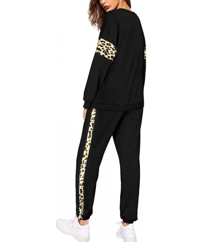 2 Piece Sweatsuits Outfits for Women Crewneck Colorblock Striped Pants Sets with Pockets A-leopard Black $26.45 Activewear