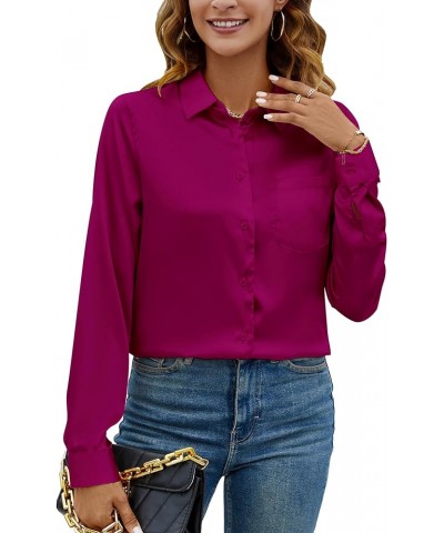 Women Elegant Satin Blouses Shirts, Soft Silk Shirts Top, Satin Button Down Shirts, Office Long Sleeve Blouse Shirt 2083 Purp...