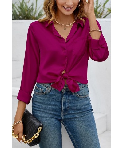 Women Elegant Satin Blouses Shirts, Soft Silk Shirts Top, Satin Button Down Shirts, Office Long Sleeve Blouse Shirt 2083 Purp...