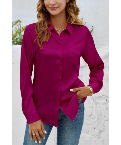 Women Elegant Satin Blouses Shirts, Soft Silk Shirts Top, Satin Button Down Shirts, Office Long Sleeve Blouse Shirt 2083 Purp...