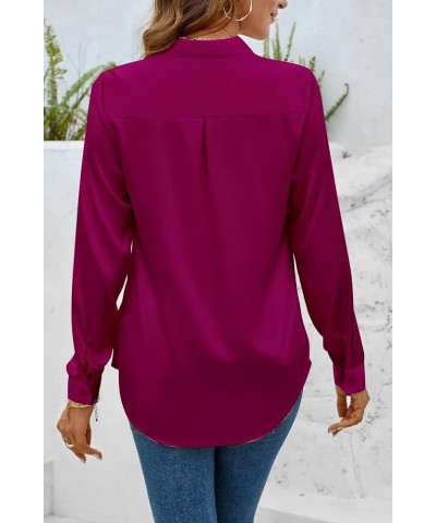 Women Elegant Satin Blouses Shirts, Soft Silk Shirts Top, Satin Button Down Shirts, Office Long Sleeve Blouse Shirt 2083 Purp...