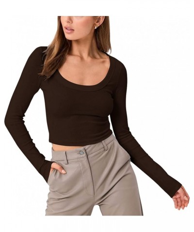 Women's Long Sleeve Square Neck Ribbed Knit Slim Fitted Casual Basic Crop Top Brown $13.76 T-Shirts