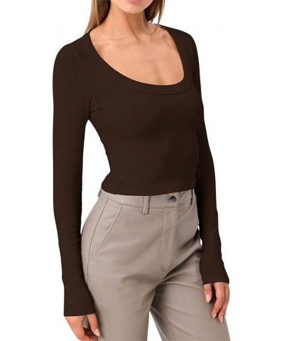 Women's Long Sleeve Square Neck Ribbed Knit Slim Fitted Casual Basic Crop Top Brown $13.76 T-Shirts