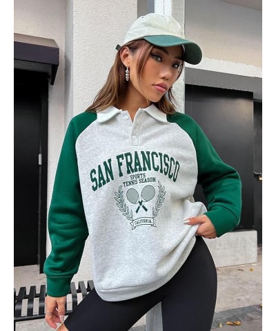 Women's Color Block Letter Print Half Button Raglan Sweatshirt Collar Neck Pullover Top Multicolor $13.49 Hoodies & Sweatshirts