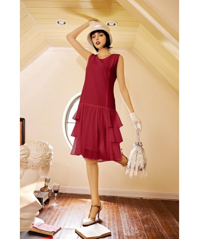 1920s Inspired Chiffon Dress - Flapper Dress Low-Waist Multi-Layered Dress Sleeveless Party Dress for Women Red $32.44 Dresses