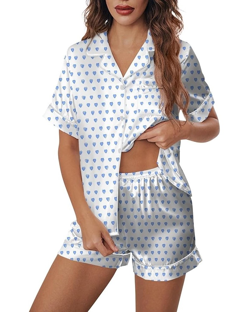 Women's Sleepwear 2 Piece Fuzzy Trim Pajamas Sets Heart Print Button Down Long Sleeve and Pants Soft Lounge Sets Y19-blue $12...