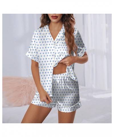 Women's Sleepwear 2 Piece Fuzzy Trim Pajamas Sets Heart Print Button Down Long Sleeve and Pants Soft Lounge Sets Y19-blue $12...