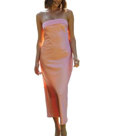 Women Sexy Strapless Tube Maxi Dress Cutout Backless Split Satin Long Dress Cocktail Party Formal Dress A-caramel $11.69 Dresses