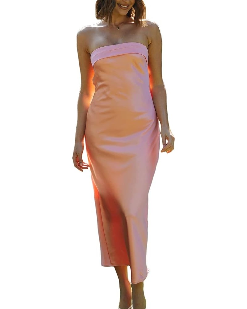 Women Sexy Strapless Tube Maxi Dress Cutout Backless Split Satin Long Dress Cocktail Party Formal Dress A-caramel $11.69 Dresses