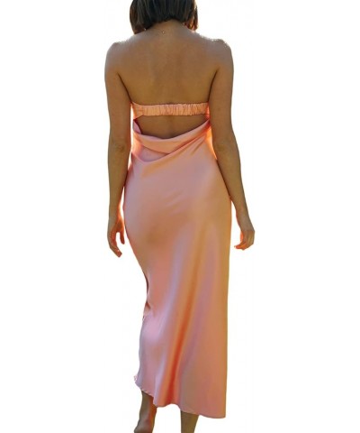 Women Sexy Strapless Tube Maxi Dress Cutout Backless Split Satin Long Dress Cocktail Party Formal Dress A-caramel $11.69 Dresses