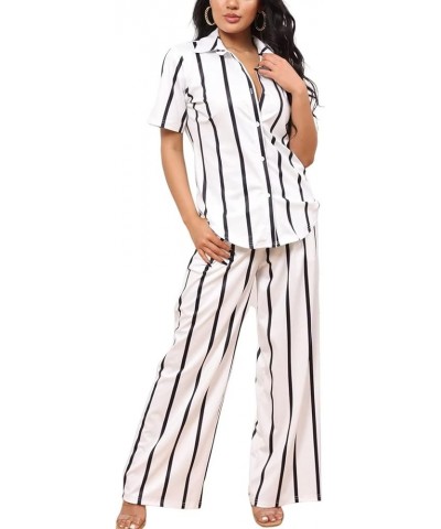 Women’s Casual Two Piece Outfits Striped Long Sleeve Collar Button Down Shirt Blouse High Waist Wide Leg Pants Sets A943-whit...