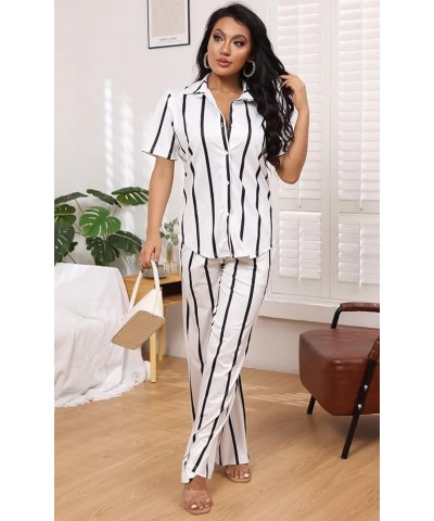 Women’s Casual Two Piece Outfits Striped Long Sleeve Collar Button Down Shirt Blouse High Waist Wide Leg Pants Sets A943-whit...