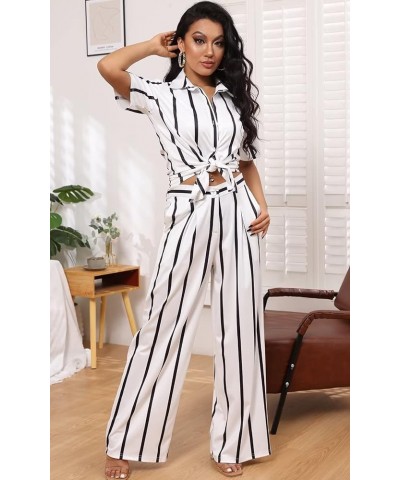 Women’s Casual Two Piece Outfits Striped Long Sleeve Collar Button Down Shirt Blouse High Waist Wide Leg Pants Sets A943-whit...