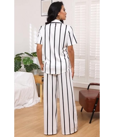 Women’s Casual Two Piece Outfits Striped Long Sleeve Collar Button Down Shirt Blouse High Waist Wide Leg Pants Sets A943-whit...