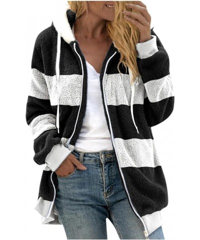 Womens Fuzzy Fleece Sherpa Jacket Color Block Patchwork Hoodies Fluffy Zippered Sweatshirt Shaggy Teddy Coat 05 Black - Sherp...