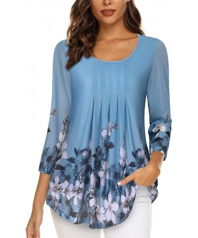 Women's Casual 3/4 Sleeve Tunic Tops Floral Double Layers Blouses Loose Fit Pleated Mesh Shirts Blue White $11.00 Tops