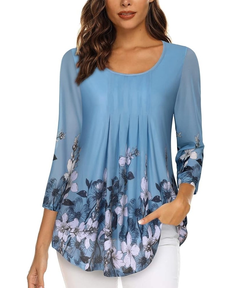 Women's Casual 3/4 Sleeve Tunic Tops Floral Double Layers Blouses Loose Fit Pleated Mesh Shirts Blue White $11.00 Tops