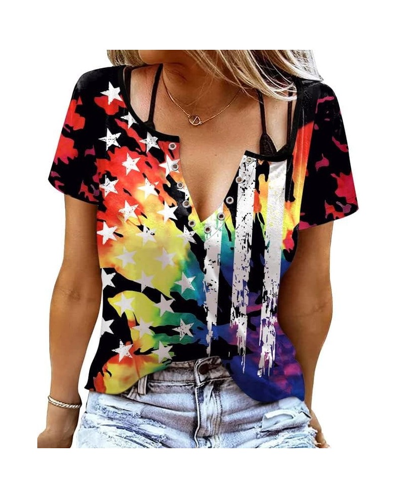 4th of July Women's American Flag Patriotic Ring Hole Short Sleeve T-Shirt Flag Tie Dye $10.32 T-Shirts