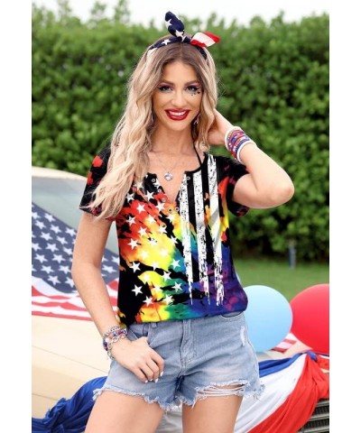 4th of July Women's American Flag Patriotic Ring Hole Short Sleeve T-Shirt Flag Tie Dye $10.32 T-Shirts