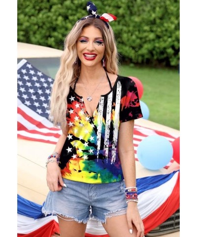 4th of July Women's American Flag Patriotic Ring Hole Short Sleeve T-Shirt Flag Tie Dye $10.32 T-Shirts