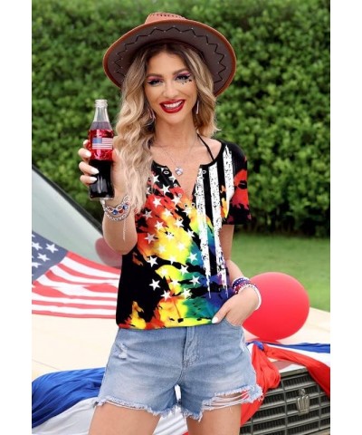 4th of July Women's American Flag Patriotic Ring Hole Short Sleeve T-Shirt Flag Tie Dye $10.32 T-Shirts