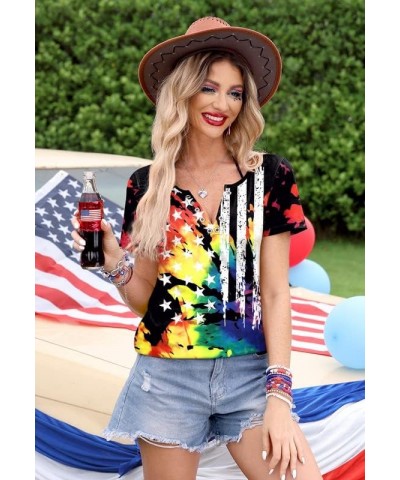 4th of July Women's American Flag Patriotic Ring Hole Short Sleeve T-Shirt Flag Tie Dye $10.32 T-Shirts